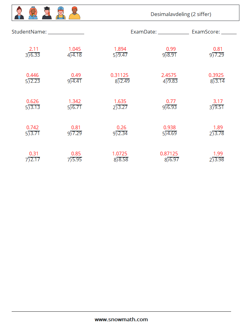 (25) Desimalavdeling (2 siffer) MathWorksheets 18 QuestionAnswer