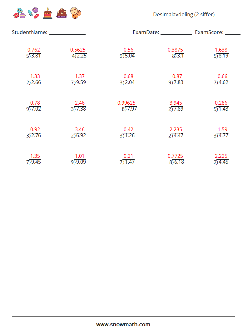 (25) Desimalavdeling (2 siffer) MathWorksheets 1 QuestionAnswer