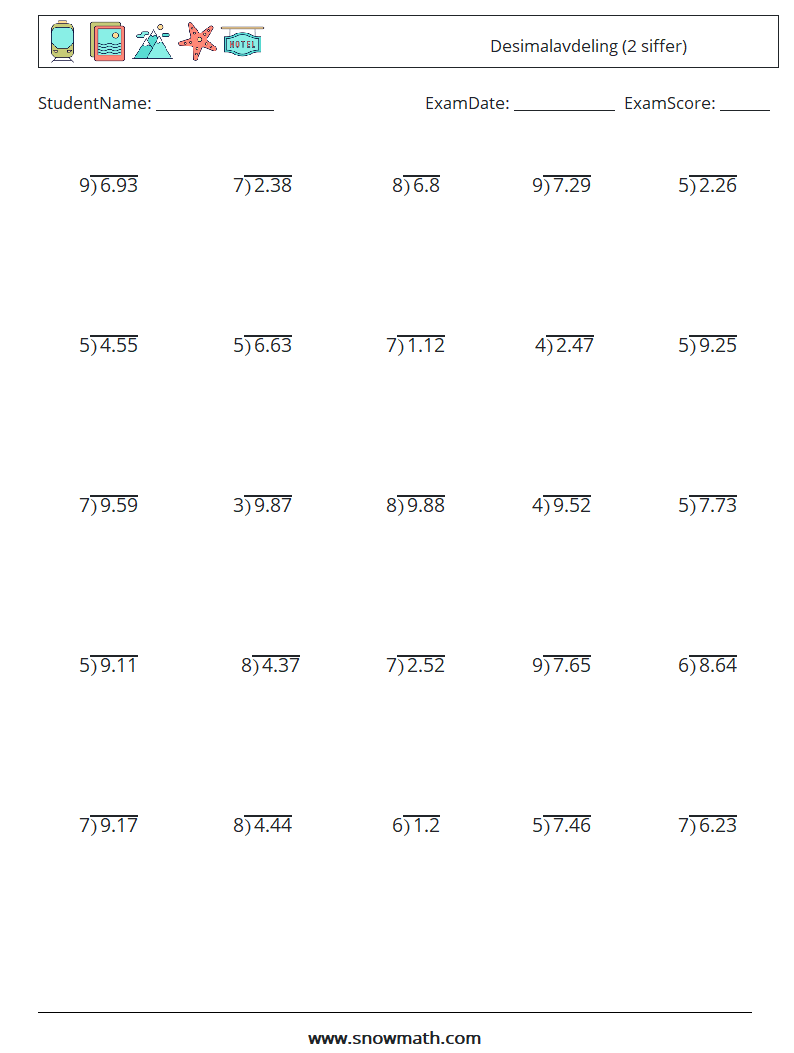 (25) Desimalavdeling (2 siffer) MathWorksheets 2