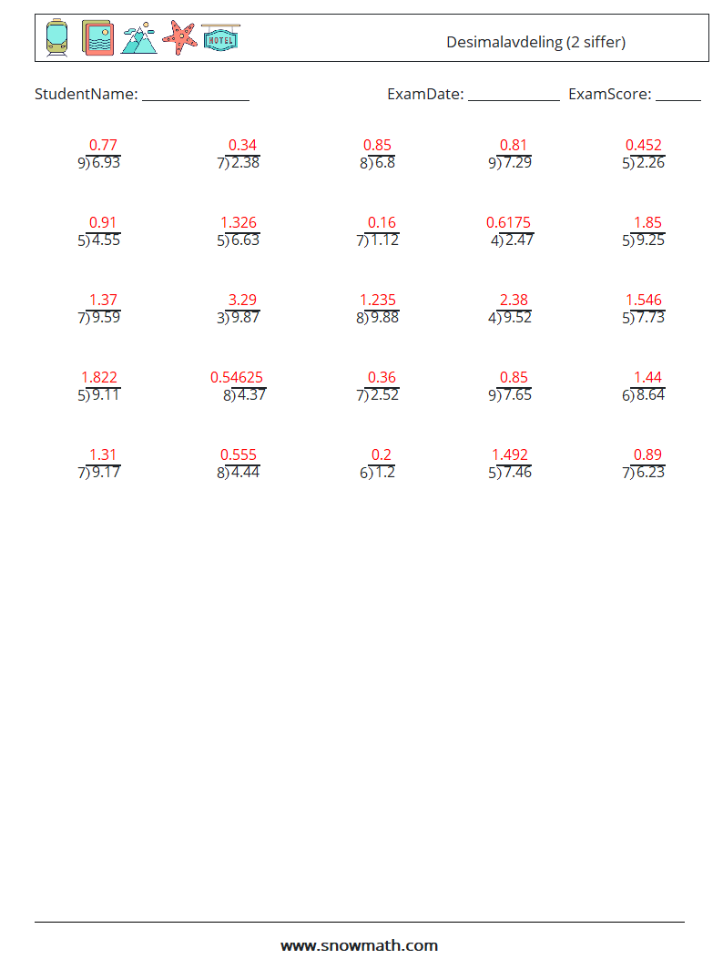 (25) Desimalavdeling (2 siffer) MathWorksheets 2 QuestionAnswer