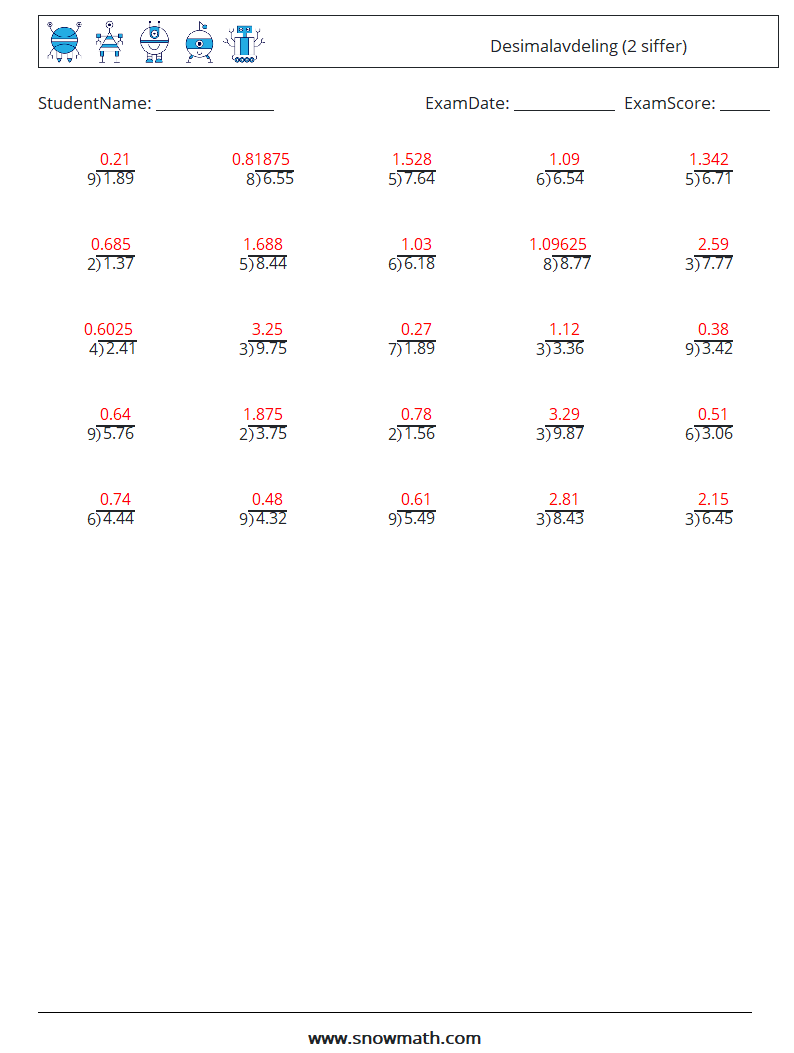 (25) Desimalavdeling (2 siffer) MathWorksheets 3 QuestionAnswer