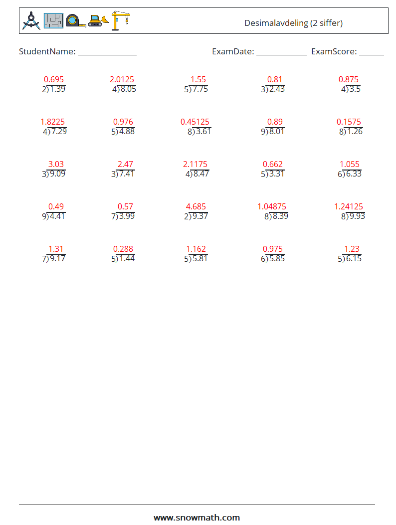 (25) Desimalavdeling (2 siffer) MathWorksheets 4 QuestionAnswer