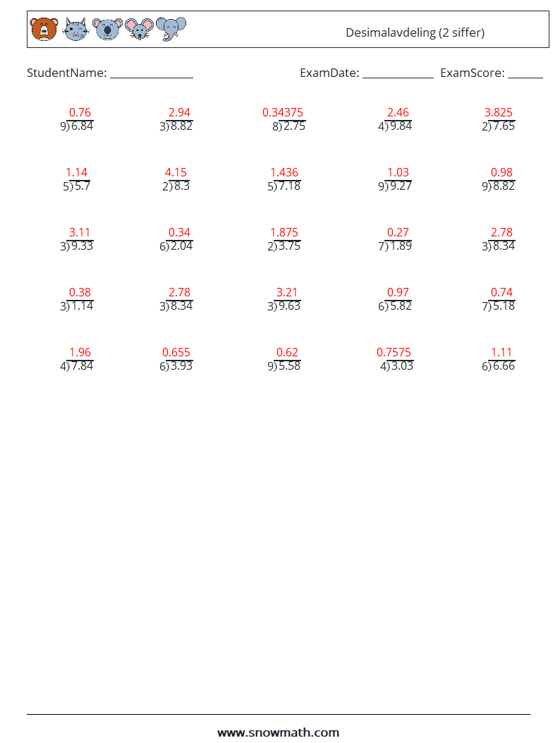 (25) Desimalavdeling (2 siffer) MathWorksheets 5 QuestionAnswer