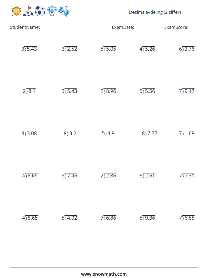 (25) Desimalavdeling (2 siffer) MathWorksheets 6