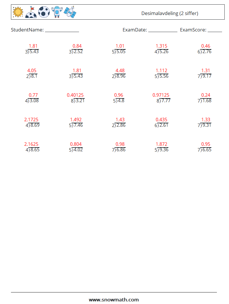 (25) Desimalavdeling (2 siffer) MathWorksheets 6 QuestionAnswer