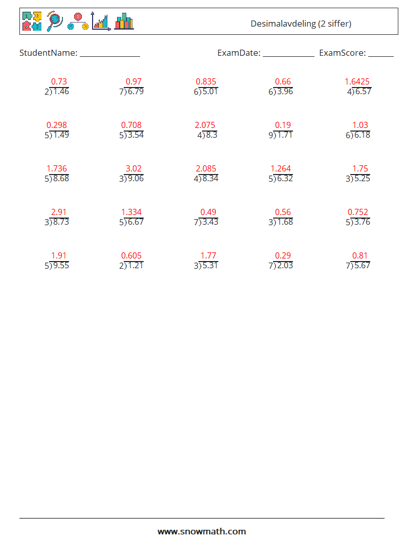 (25) Desimalavdeling (2 siffer) MathWorksheets 7 QuestionAnswer