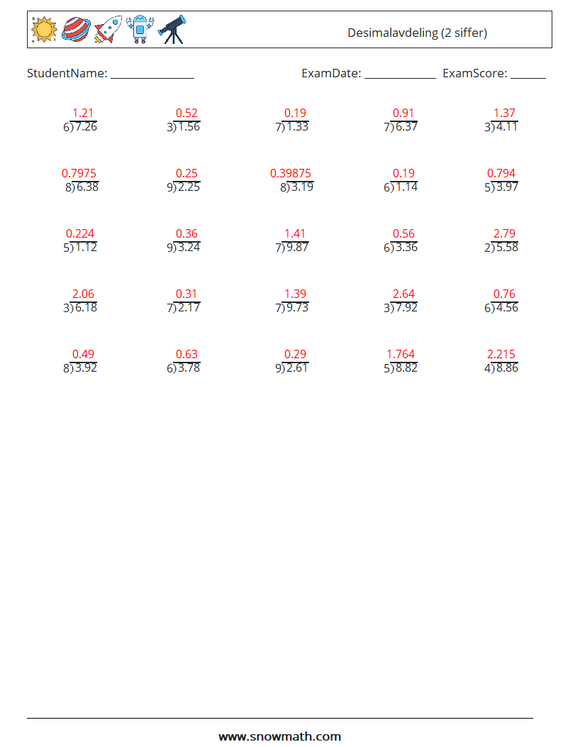 (25) Desimalavdeling (2 siffer) MathWorksheets 8 QuestionAnswer