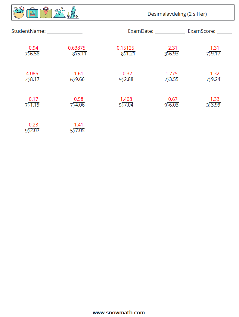 (25) Desimalavdeling (2 siffer) MathWorksheets 9 QuestionAnswer