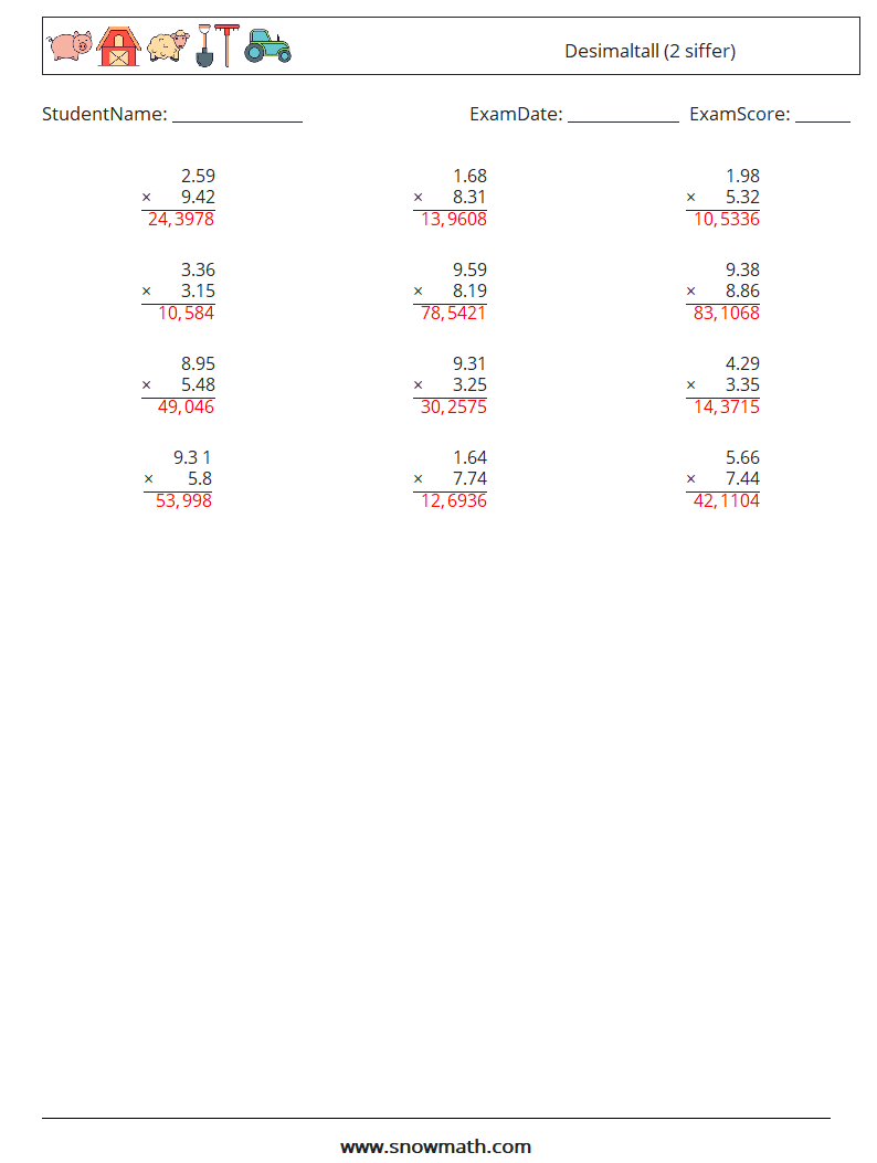 (12) Desimaltall (2 siffer) MathWorksheets 11 QuestionAnswer