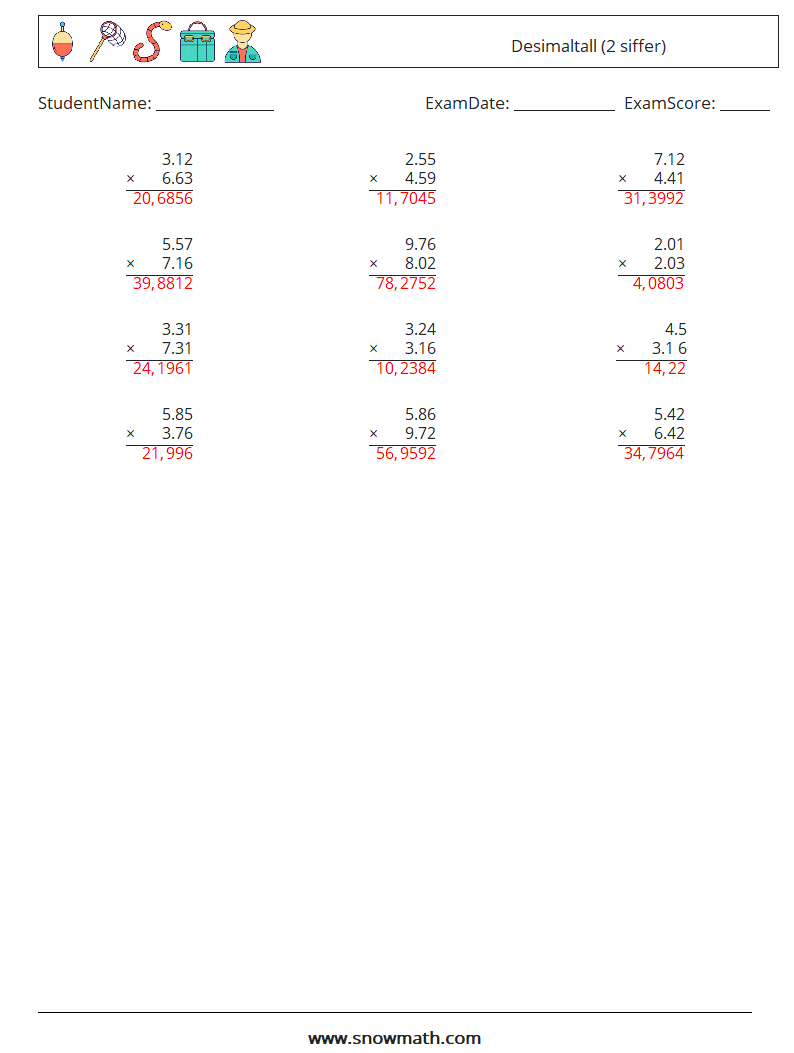 (12) Desimaltall (2 siffer) MathWorksheets 14 QuestionAnswer