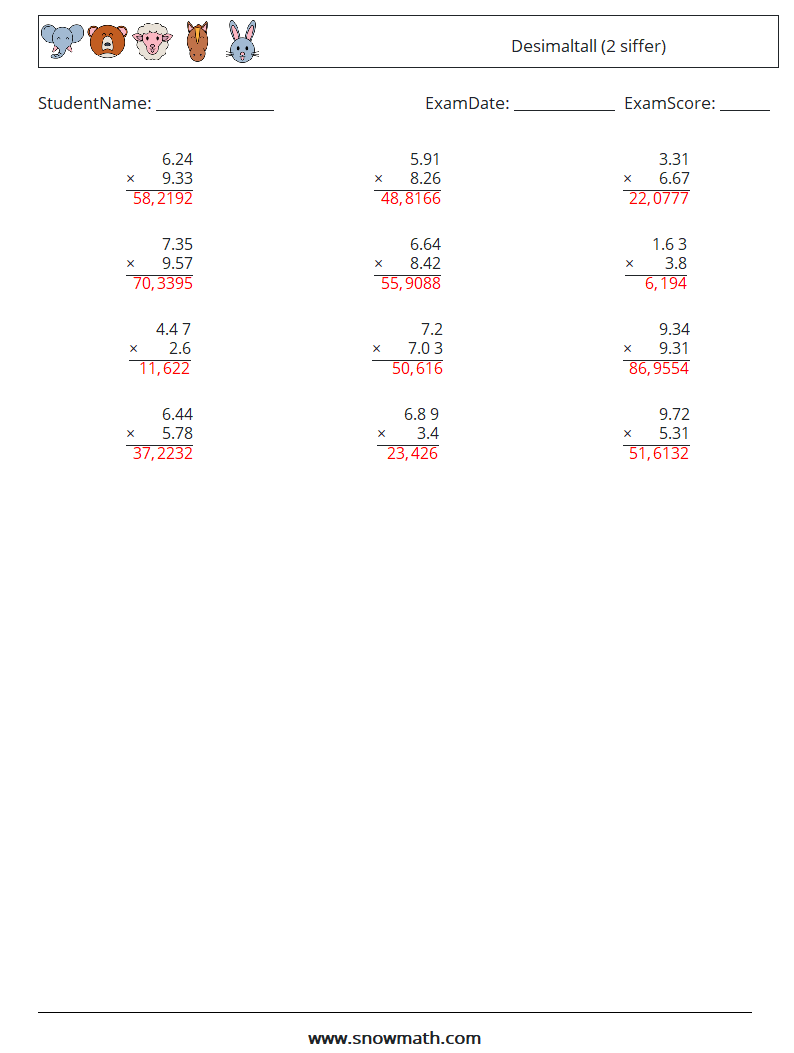 (12) Desimaltall (2 siffer) MathWorksheets 16 QuestionAnswer