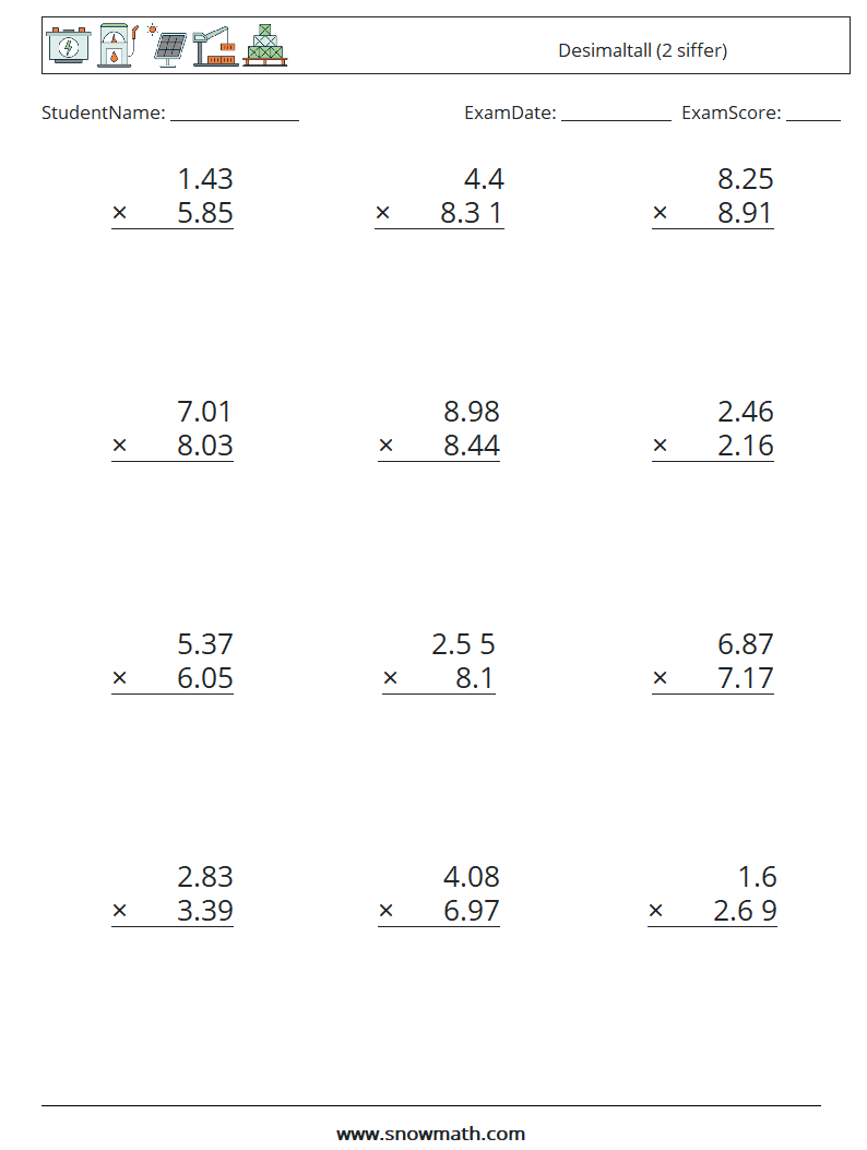 (12) Desimaltall (2 siffer) MathWorksheets 18