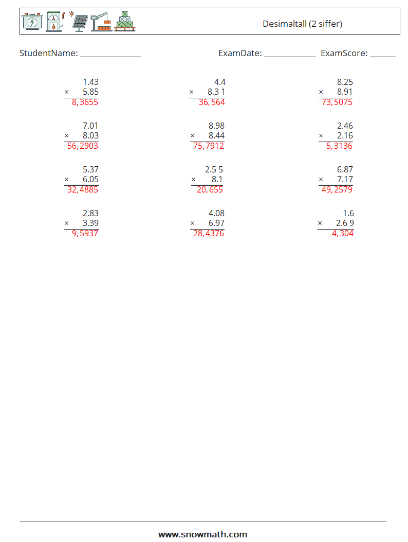 (12) Desimaltall (2 siffer) MathWorksheets 18 QuestionAnswer