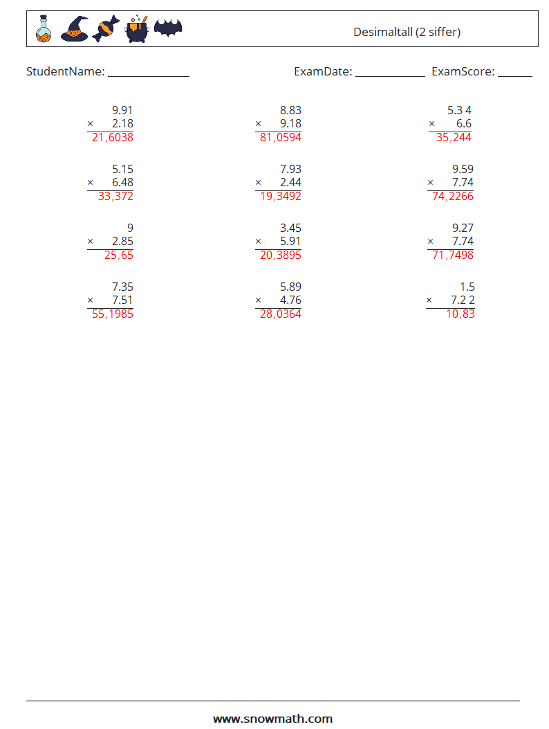 (12) Desimaltall (2 siffer) MathWorksheets 1 QuestionAnswer