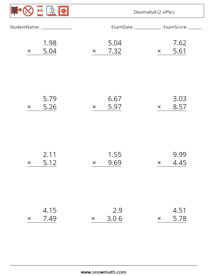 (12) Desimaltall (2 siffer) MathWorksheets 3