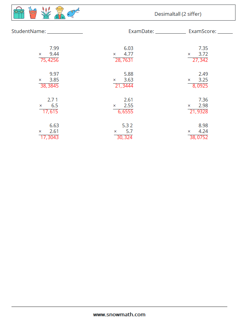 (12) Desimaltall (2 siffer) MathWorksheets 4 QuestionAnswer