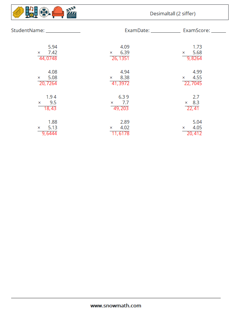 (12) Desimaltall (2 siffer) MathWorksheets 5 QuestionAnswer