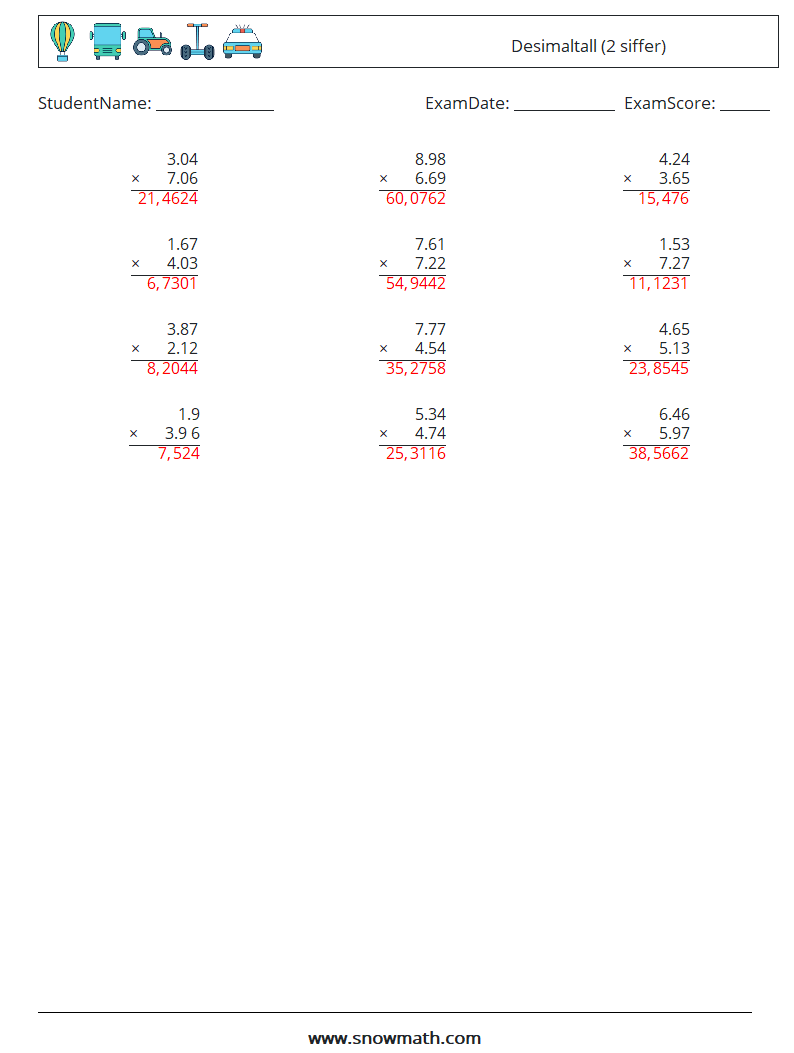 (12) Desimaltall (2 siffer) MathWorksheets 6 QuestionAnswer