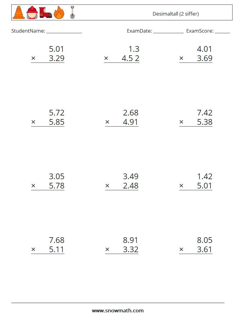 (12) Desimaltall (2 siffer) MathWorksheets 7