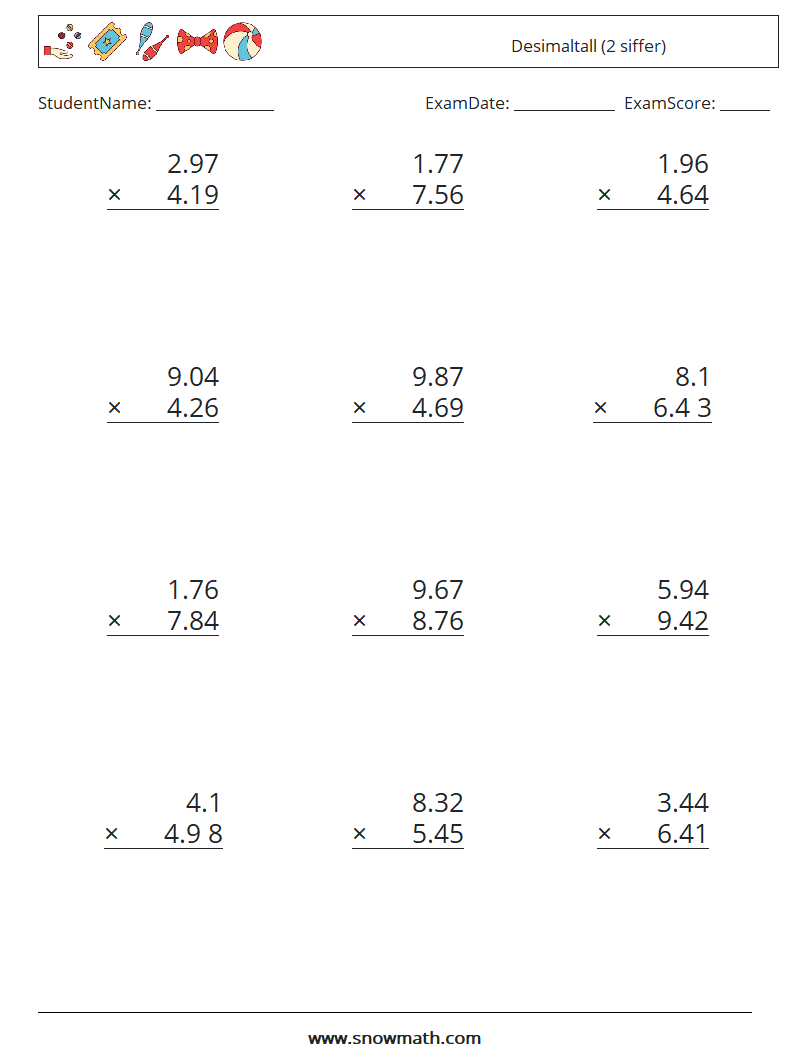 (12) Desimaltall (2 siffer) MathWorksheets 8