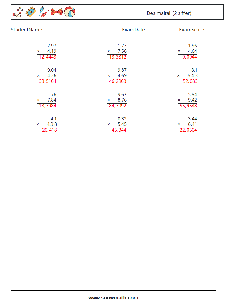 (12) Desimaltall (2 siffer) MathWorksheets 8 QuestionAnswer