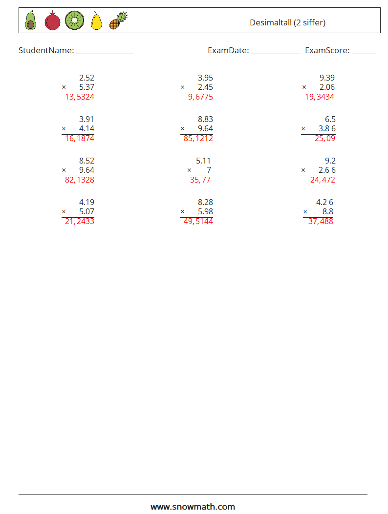 (12) Desimaltall (2 siffer) MathWorksheets 9 QuestionAnswer