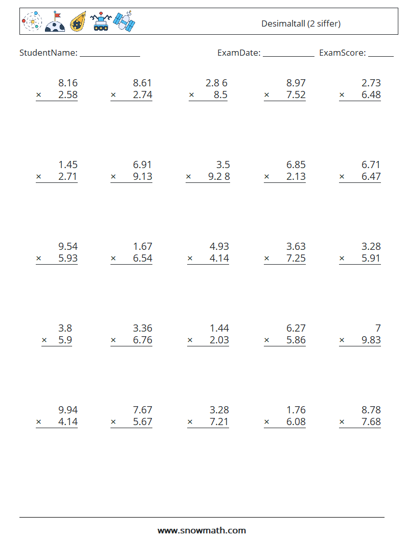 (25) Desimaltall (2 siffer) MathWorksheets 1