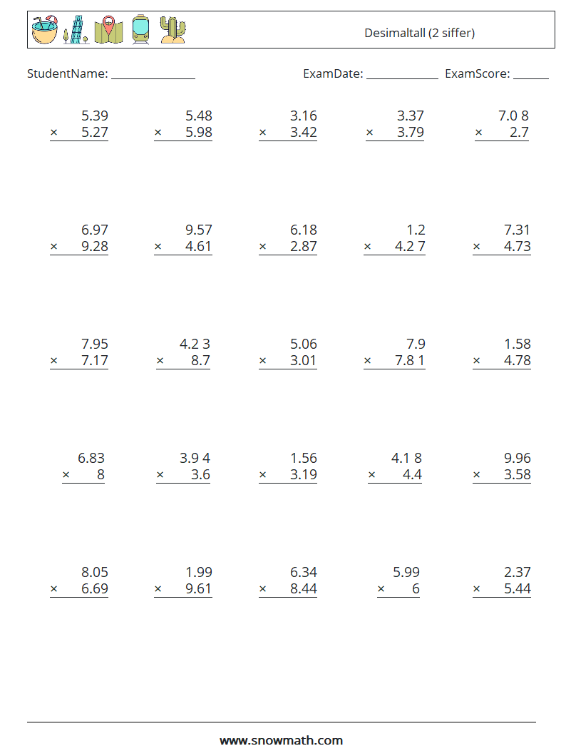(25) Desimaltall (2 siffer) MathWorksheets 10
