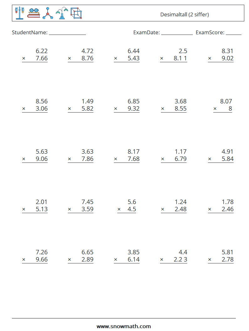 (25) Desimaltall (2 siffer) MathWorksheets 11
