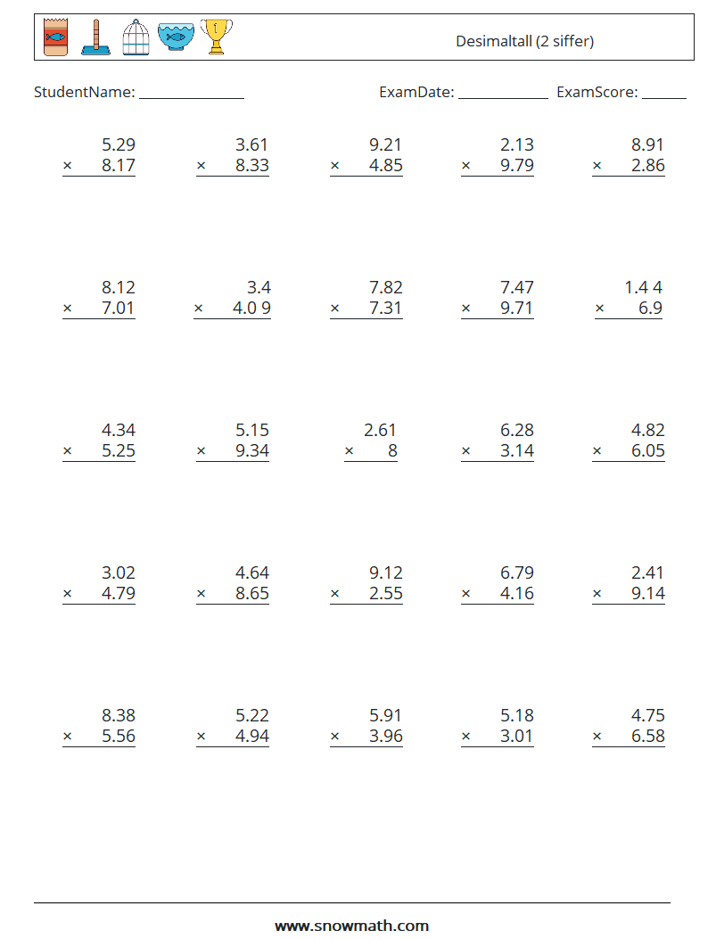 (25) Desimaltall (2 siffer) MathWorksheets 12