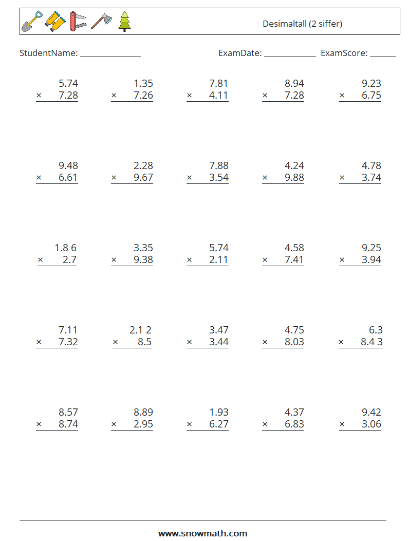 (25) Desimaltall (2 siffer) MathWorksheets 14