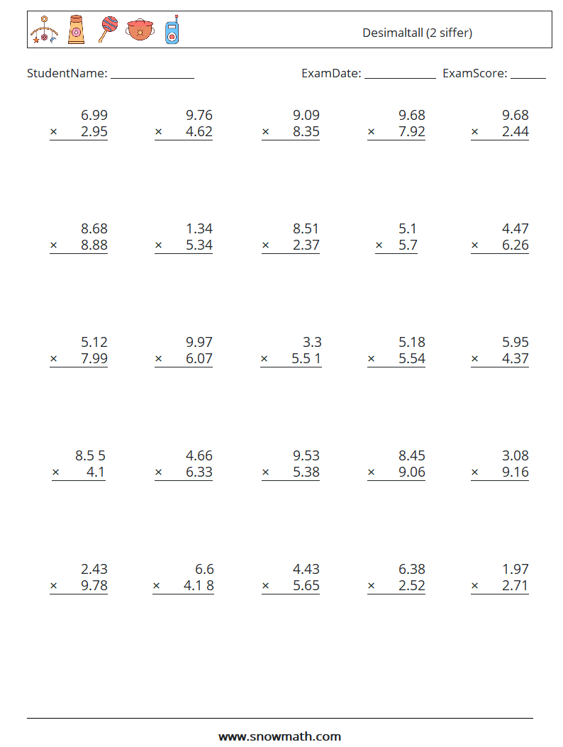 (25) Desimaltall (2 siffer) MathWorksheets 16