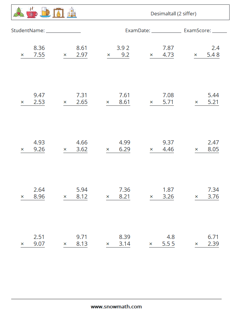 (25) Desimaltall (2 siffer) MathWorksheets 17
