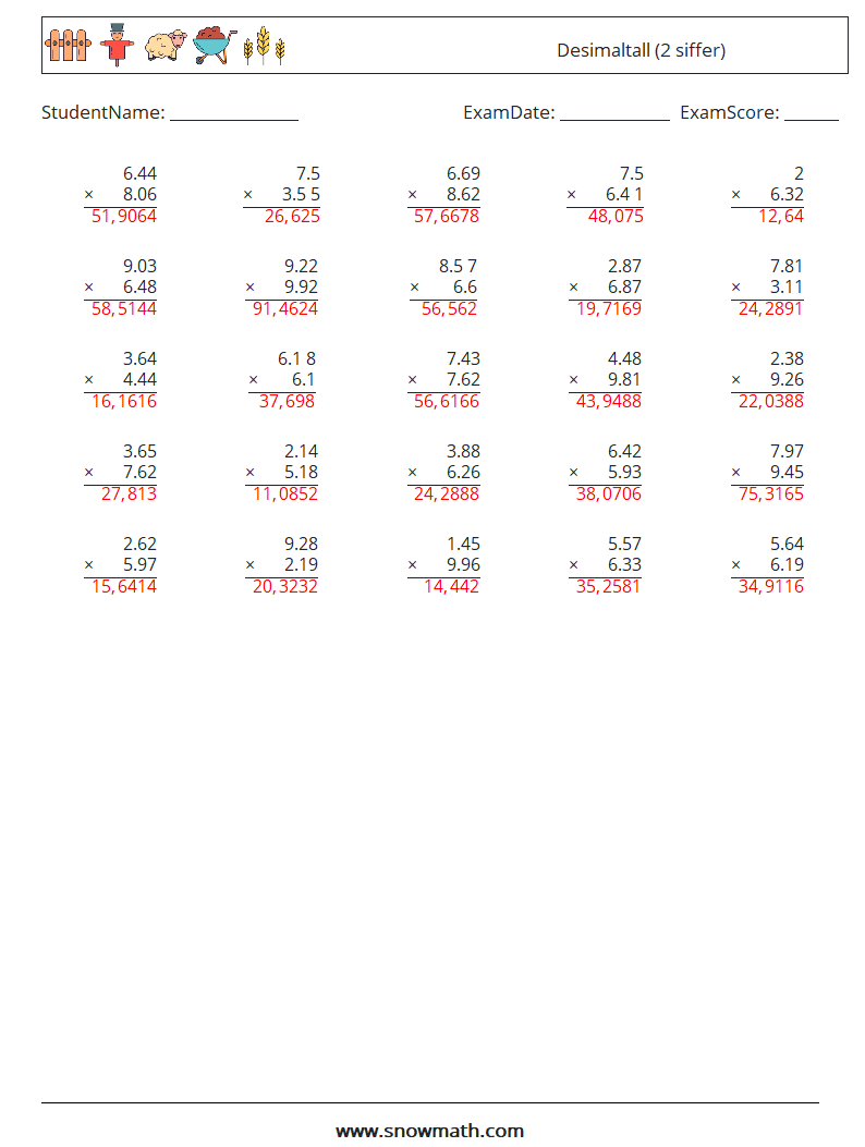 (25) Desimaltall (2 siffer) MathWorksheets 18 QuestionAnswer