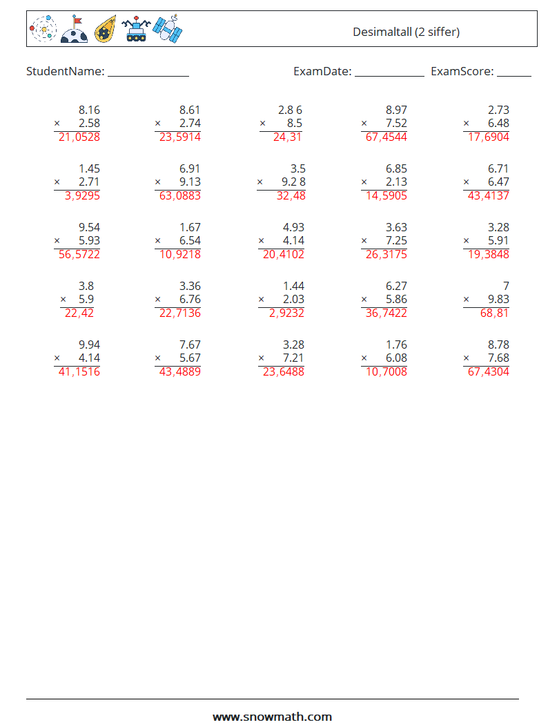 (25) Desimaltall (2 siffer) MathWorksheets 1 QuestionAnswer