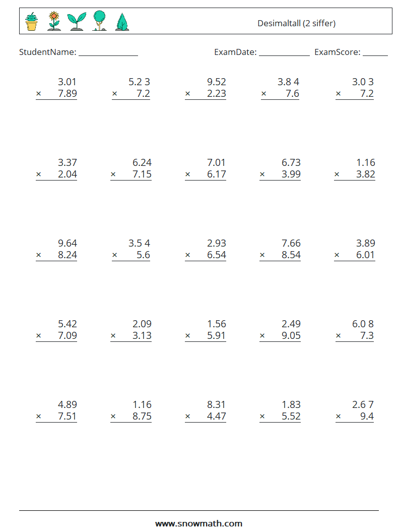 (25) Desimaltall (2 siffer) MathWorksheets 2