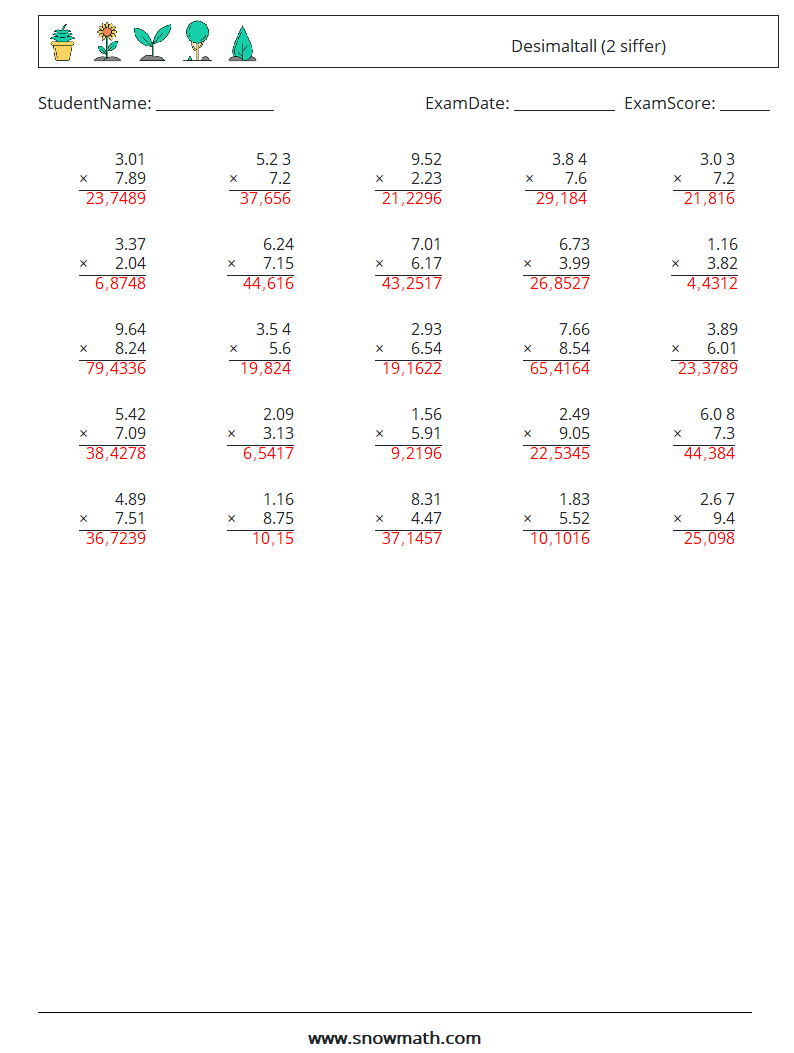 (25) Desimaltall (2 siffer) MathWorksheets 2 QuestionAnswer