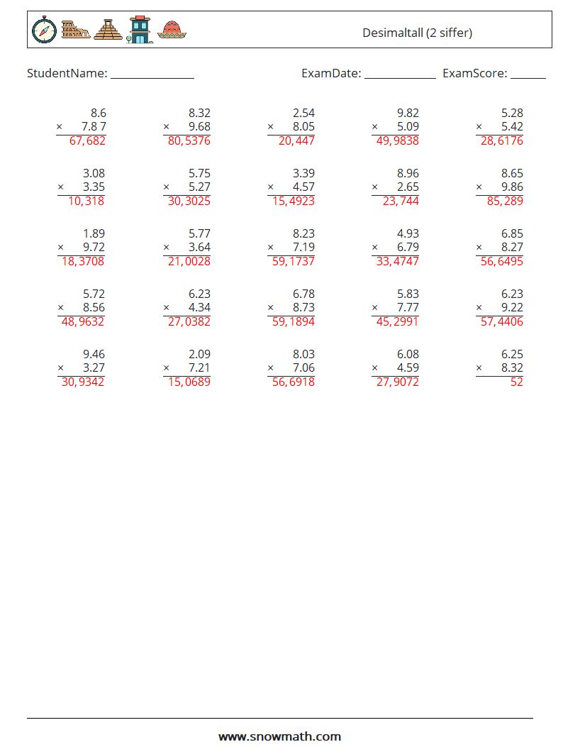 (25) Desimaltall (2 siffer) MathWorksheets 3 QuestionAnswer