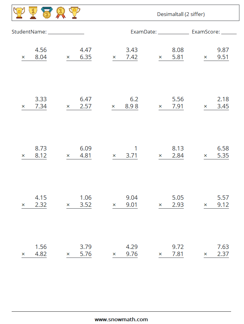 (25) Desimaltall (2 siffer) MathWorksheets 4