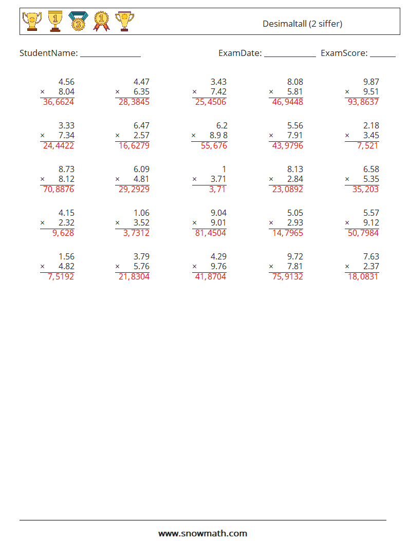 (25) Desimaltall (2 siffer) MathWorksheets 4 QuestionAnswer