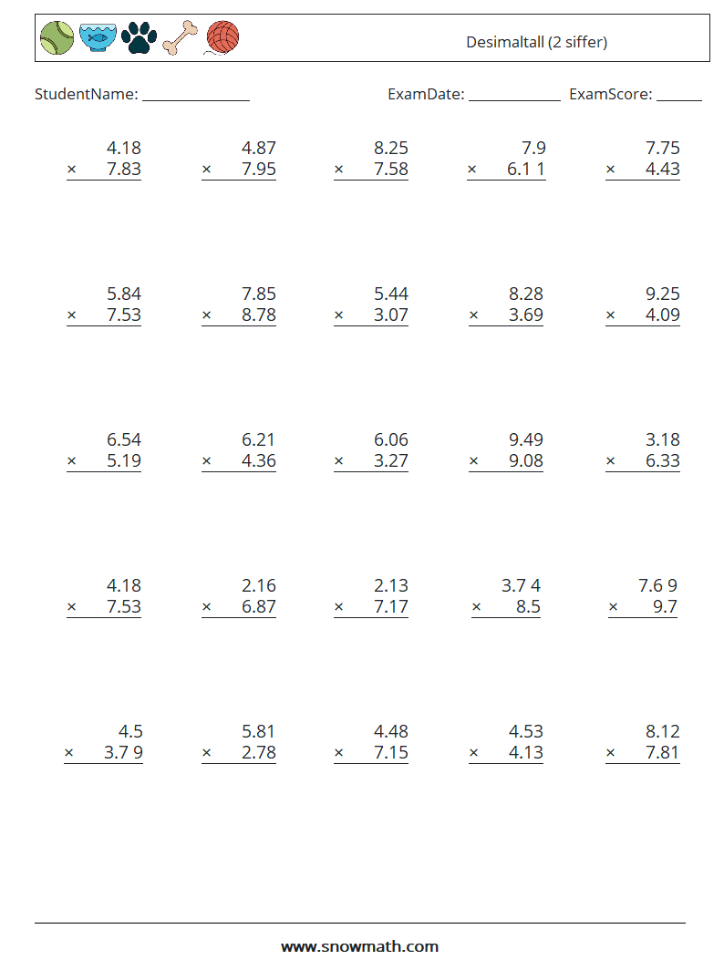 (25) Desimaltall (2 siffer) MathWorksheets 5