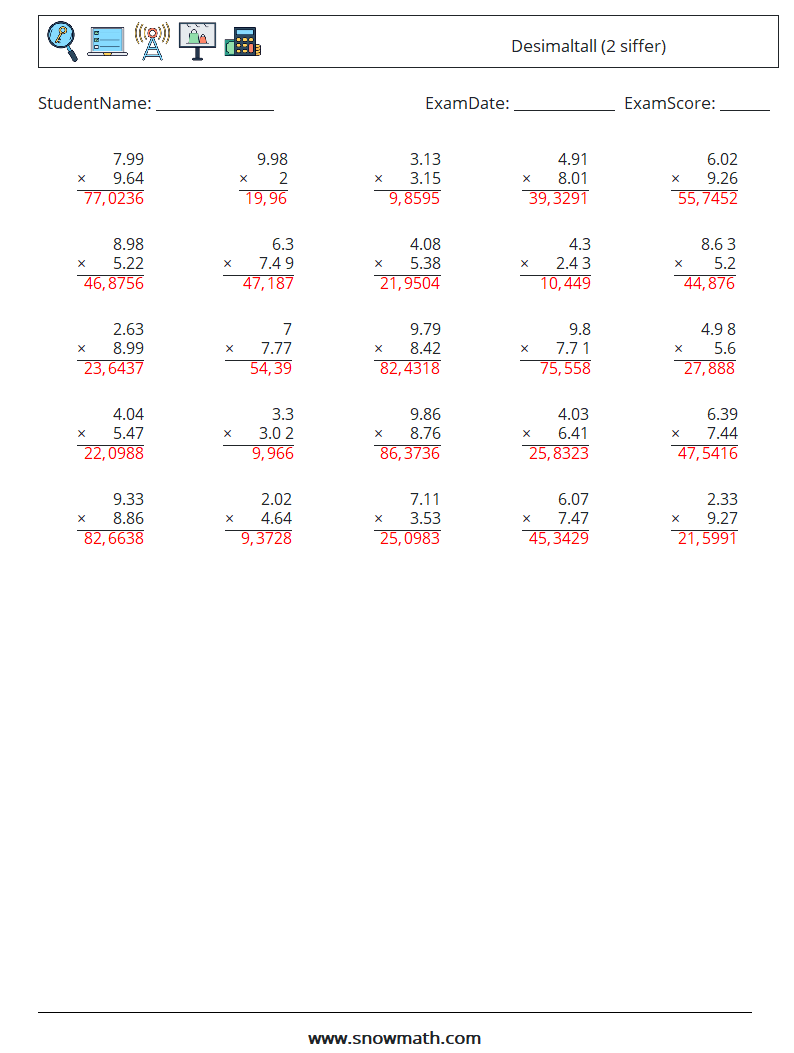 (25) Desimaltall (2 siffer) MathWorksheets 6 QuestionAnswer