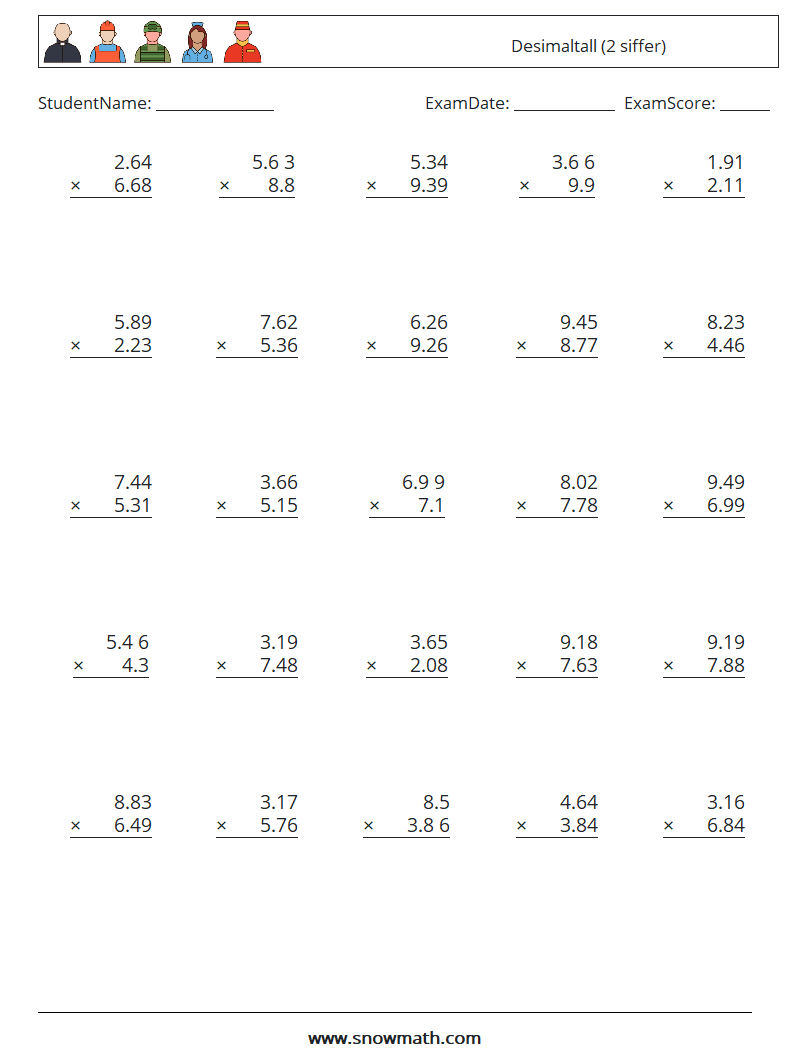 (25) Desimaltall (2 siffer) MathWorksheets 7