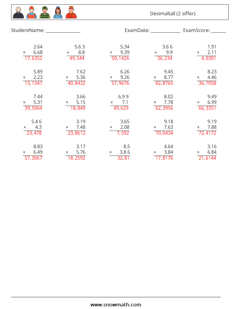 (25) Desimaltall (2 siffer) MathWorksheets 7 QuestionAnswer
