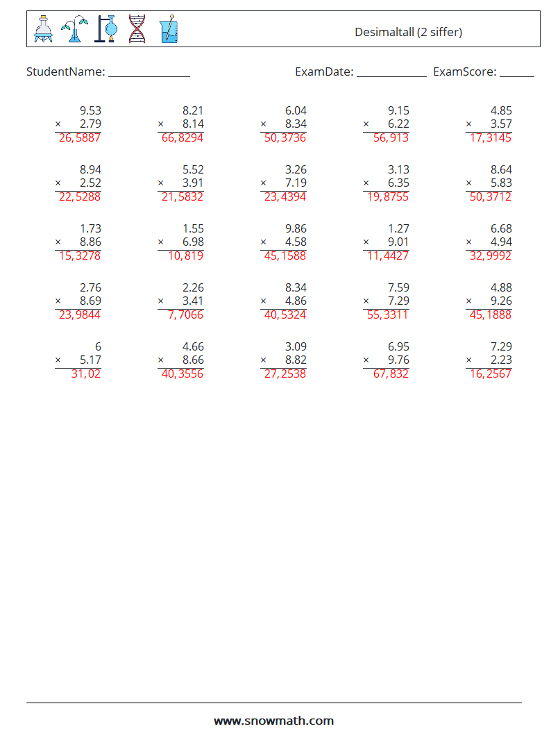 (25) Desimaltall (2 siffer) MathWorksheets 8 QuestionAnswer