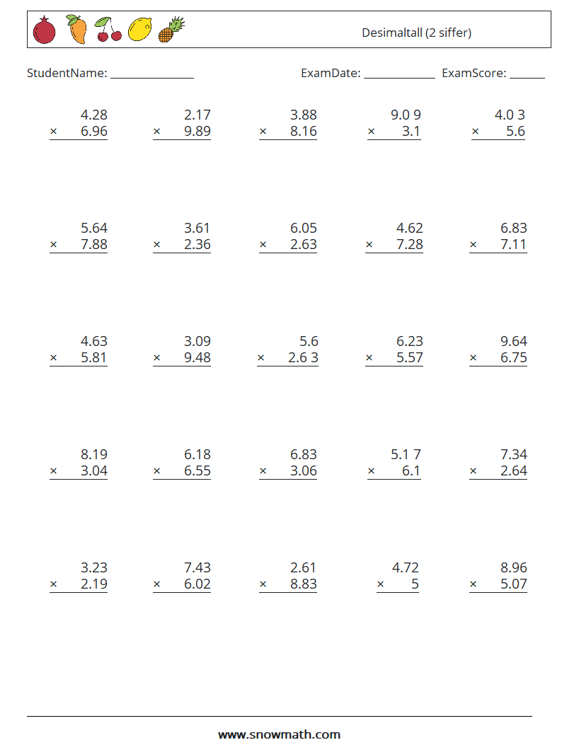 (25) Desimaltall (2 siffer) MathWorksheets 9