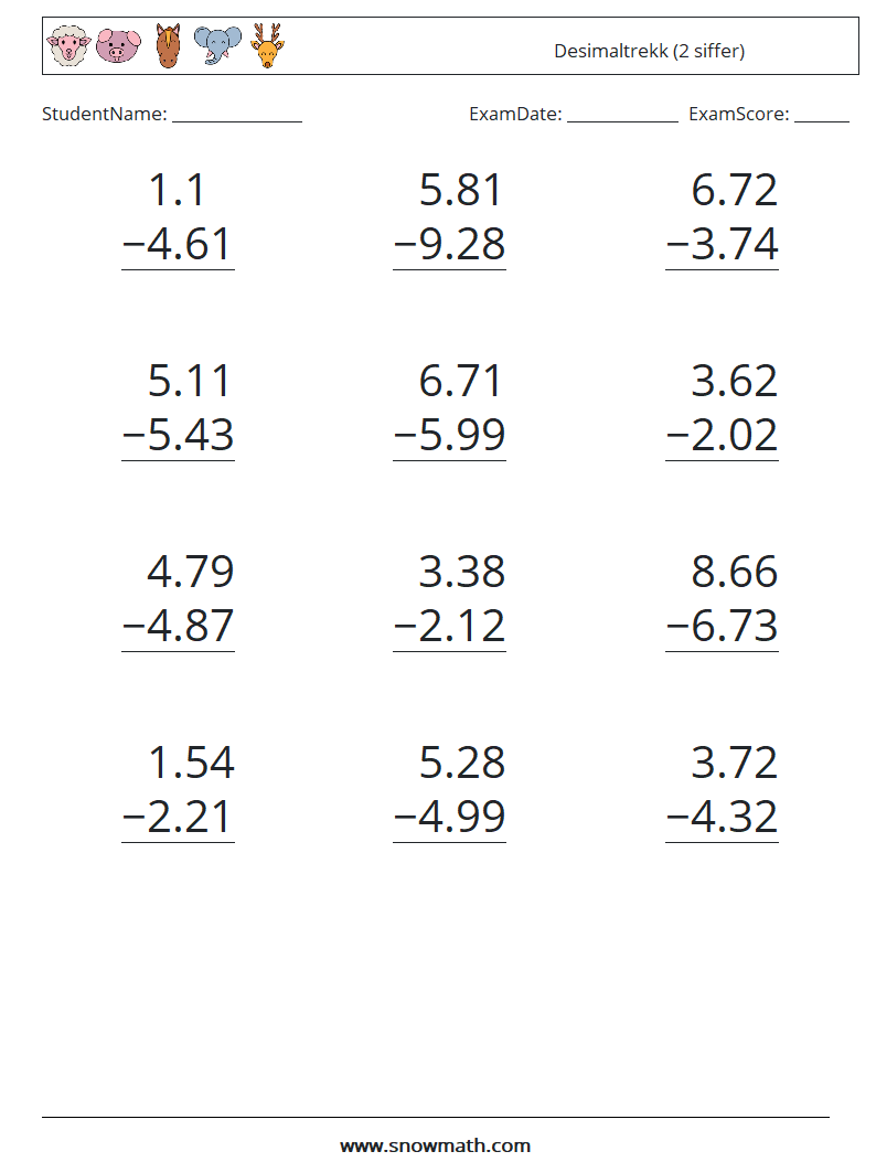 (12) Desimaltrekk (2 siffer) MathWorksheets 1