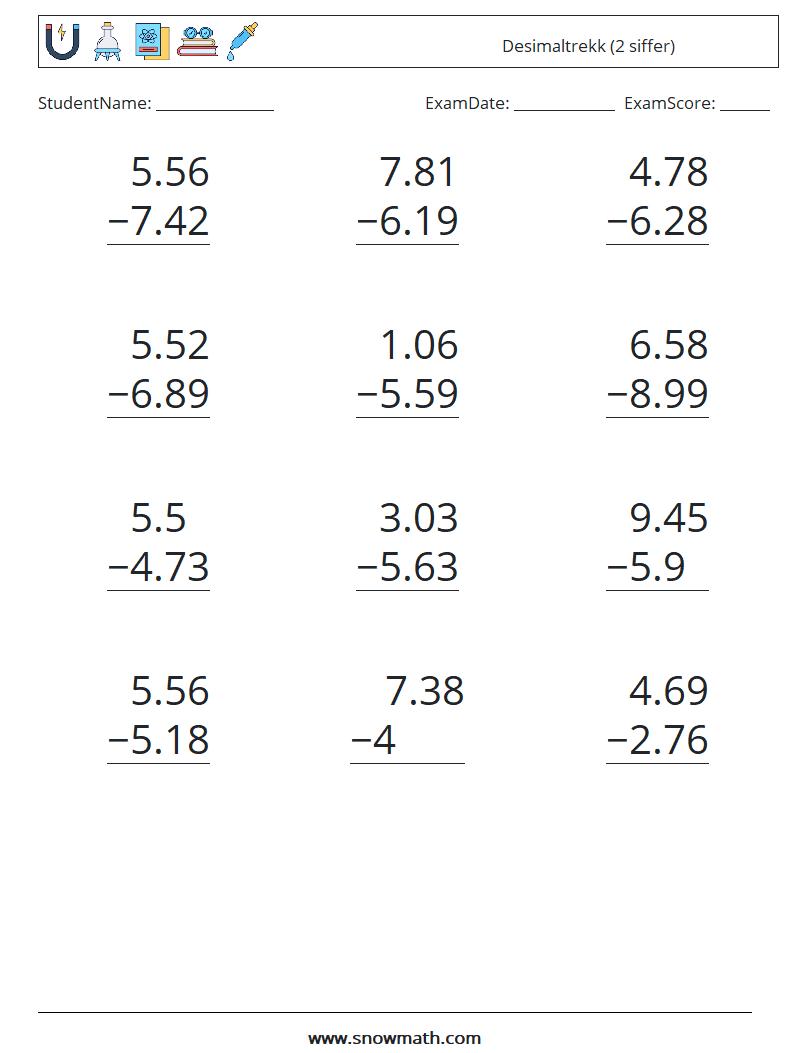 (12) Desimaltrekk (2 siffer) MathWorksheets 10