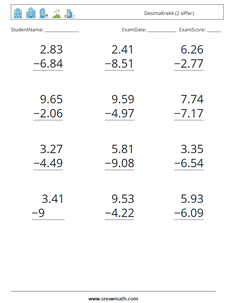 (12) Desimaltrekk (2 siffer) MathWorksheets 11