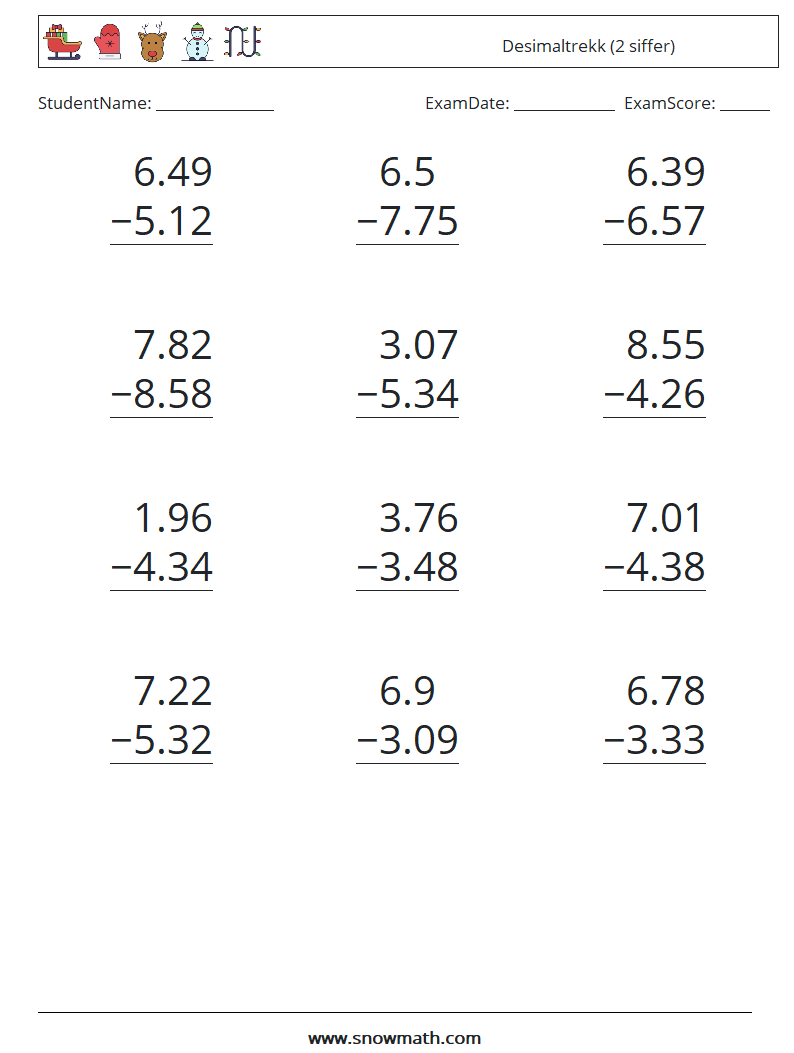 (12) Desimaltrekk (2 siffer) MathWorksheets 12